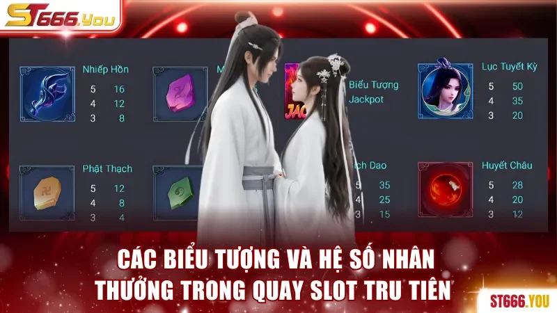 Quay Slot Tru Tiên ST666 - Đồ Họa 3D Đẹp Mắt, Thưởng X5 Lần 3 Các biểu tượng và hệ số nhân thưởng trong quay slot Tru Tiên